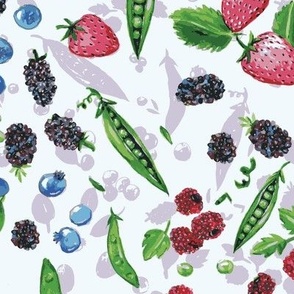  LARGE Life size watercolor garden produce - vegetables fruits tossed red strawberries blackberries raspberries blueberries green peas. Blue, pink, violet, white, black