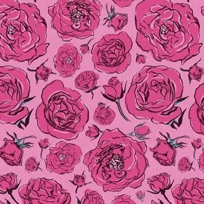 SMALL Anime Bed of Roses - Hot Pink - Retro / Country Vintage Line Art Flowers for Maximalist Glam & Cottagecore Bedding & Wallpaper