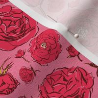 SMALL Anime Bed of Roses - Crimson Red Pink - Retro / Country Vintage Line Art Flowers for Maximalist Glam & Cottagecore Bedding & Wallpaper