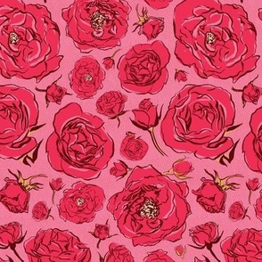 SMALL Anime Bed of Roses - Crimson Red Pink - Retro / Country Vintage Line Art Flowers for Maximalist Glam & Cottagecore Bedding & Wallpaper