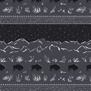 SMALL Midnight Bison in Moonlit Mountain Meadow Boho Grasses on Western Plains in Starlight in Black Grey Ashy White. American Buffalo Silhouettes