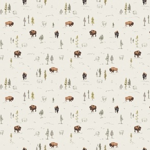 SMALL Bison Toile de Jouy watercolor hand-painted. Bison / American buffalo in brown earth tones on eggshell beige with green pine trees & evergreens