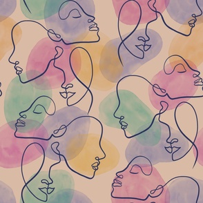 Minimalistic illustration of faces in mid tone colours - pink, blue, yellow, teal