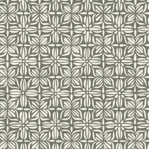 vintage floral grid - creamy white_ limed ash green - hand drawn textured