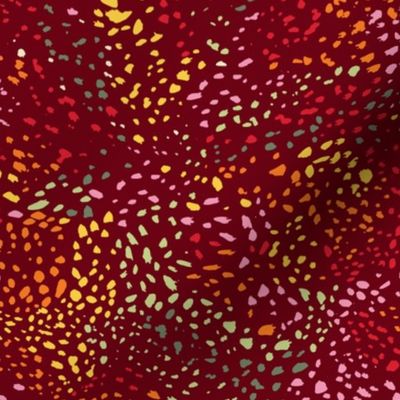 SMALL Paint splatters abstract swirl pattern on burgundy / maroon - watercolor hand-painted colorful spots & polka dots in red yellow orange pink green
