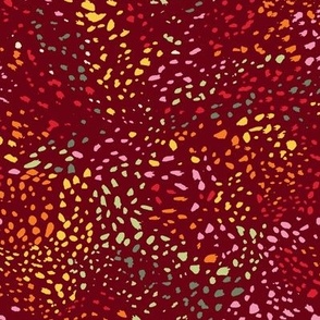 SMALL Paint splatters abstract swirl pattern on burgundy / maroon - watercolor hand-painted colorful spots & polka dots in red yellow orange pink green