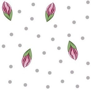 Pink Tropical Flower Buds and Gray Polka Dots Floral 