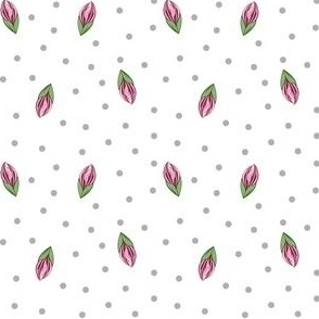 Pink Tropical Flower Buds and Gray Polka Dots Floral - Small 