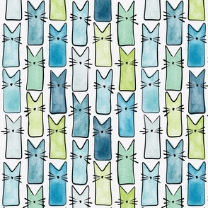 small scale cat - buddy cat caribbean and lime mix - watercolor adorable cat - cute cat fabric