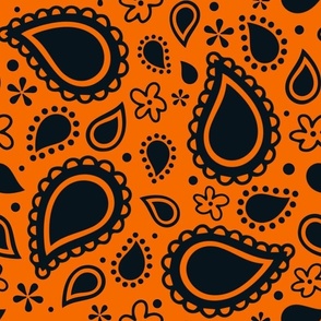 Large Scale Playful Paisley Bandana Black on Orange