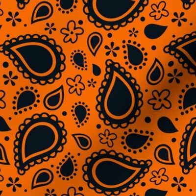 Medium Scale Playful Paisley Bandana Black on Orange