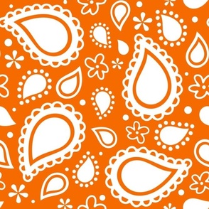 Large Scale Playful Paisley Bandana White on Orange