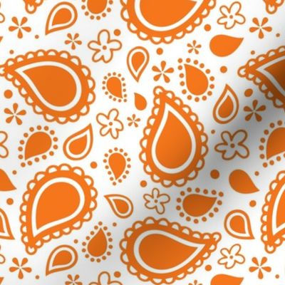 Medium Scale Playful Paisley Bandana Orange on White