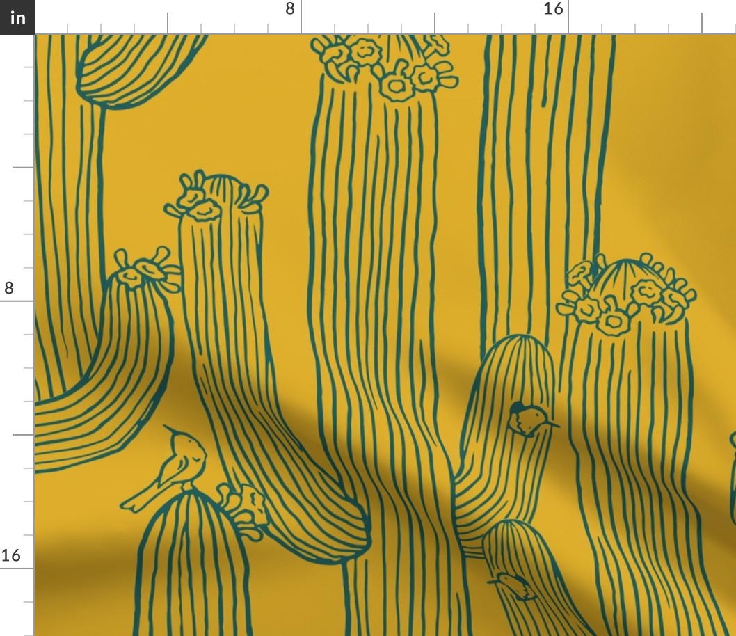 Saguaros in Bloom_Gold and Teal_extra large_by Seedpod