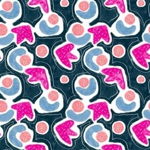 Abstract Pink Tulip, Blue Half Moon and Peach Flower Shapes on Navy-6" fabric