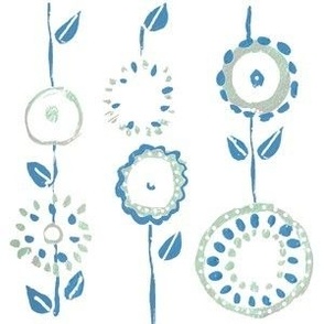 Primitive Printed Circle Flowers Wallpaper in Soft Green and Blue 6" Fabric