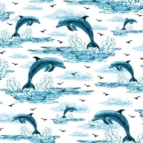 Blue Bottlenose Dolphin Toile, Marine Blue Ocean Waves, Deep Blue Sea, Marine Mammal Flying Porpoise