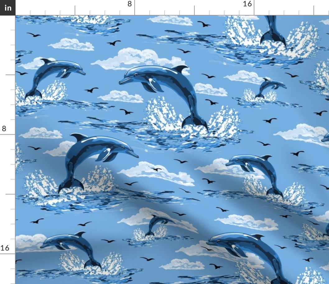 Baby Blue Bottlenose Dolphin Toile, Deep Blueish Sea Marine Ocean Waves, Flying Porpoise