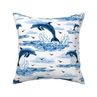 Jumping Dolphins Toile De Jouy, Cobalt Blue Sea Marine Ocean Waves, Flying Porpoise