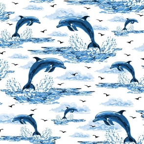 Jumping Dolphins Toile De Jouy, Cobalt Blue Sea Marine Ocean Waves, Flying Porpoise