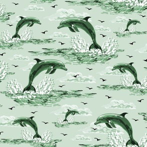 Green Toile De Jouy, Dolphins Splashing Ocean Waves, Flying Porpoise and Sea Gulls