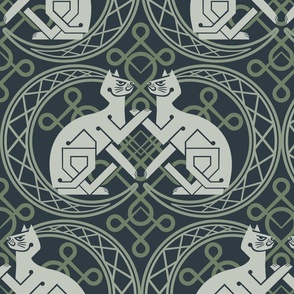 Celtic Cats Fabric Olive
