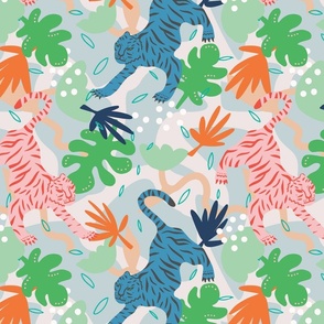 Medium scale tiger wallpaper and fabric featuring bright pink, blue, navy & orange on white. Perfect for kids clothing and bedroom home decor.