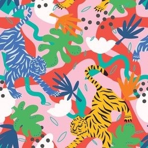 Small scale tiger wallpaper and fabric featuring  pink, red, blue & yellow on white. Perfect for kids clothing and bedroom home decor.