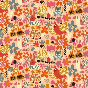 Playful Meadow: V4 Happy Animals Folk Abstract Florals Groovy Folksy 70s Retro Flowers - M
