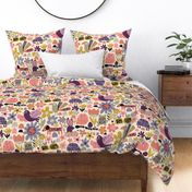 Playful Meadow: V2 Happy Animals Folk Abstract Florals Groovy Folksy 70s Retro Flowers - Large