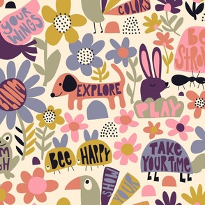 Playful Meadow: V2 Happy Animals Folk Abstract Florals Groovy Folksy 70s Retro Flowers - Large