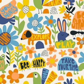 Playful Meadow: V5 Happy Animals Folk Abstract Florals Groovy Folksy 70s Retro Flowers - Large
