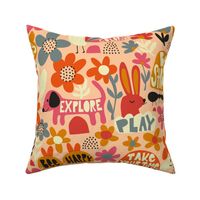 Playful Meadow: V4 Happy Animals Folk Abstract Florals Groovy Folksy 70s Retro Flowers - L