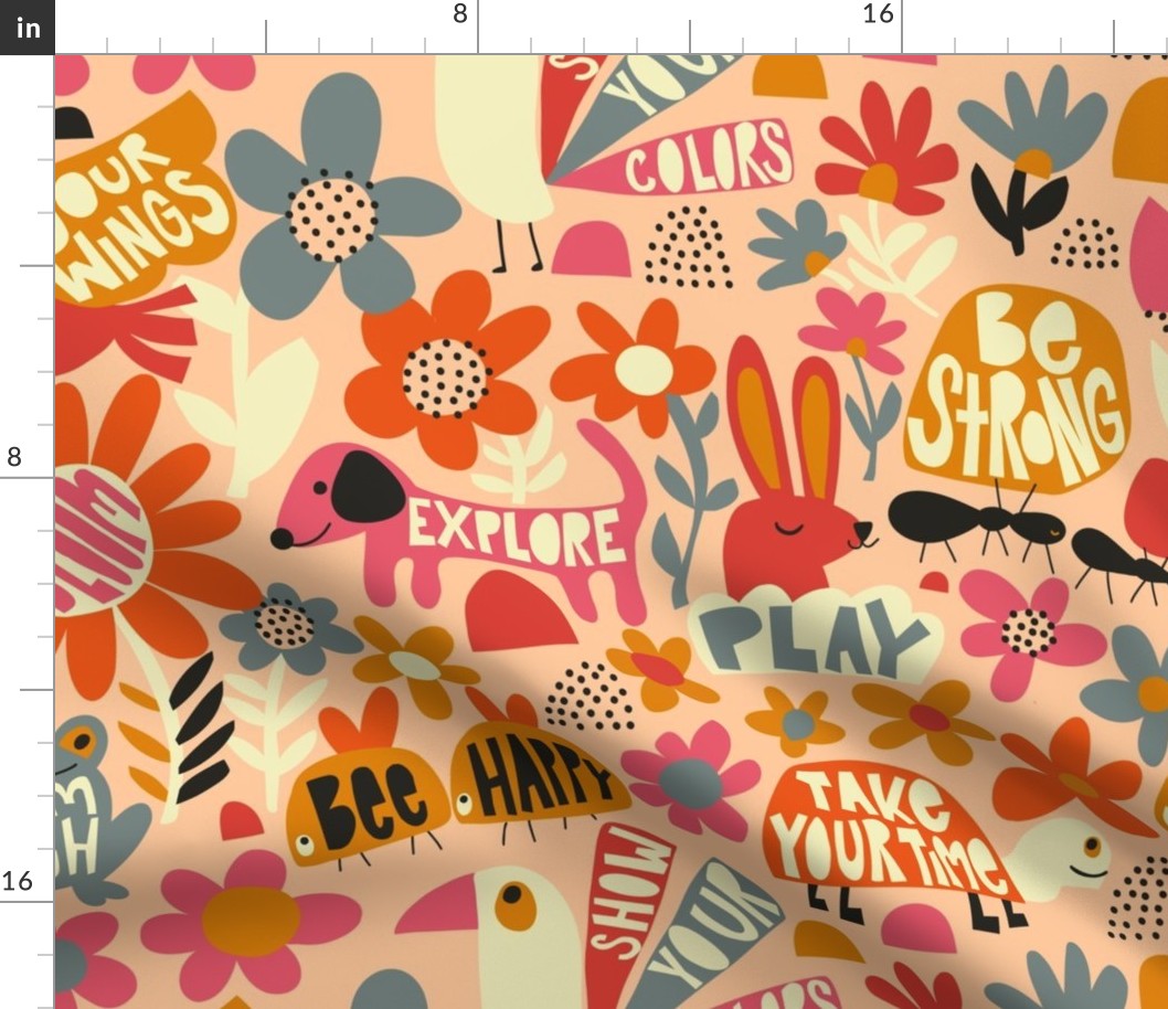 Playful Meadow: V4 Happy Animals Folk Abstract Florals Groovy Folksy 70s Retro Flowers - L