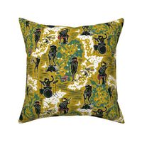 Croak Band 2.0- Frogs Jamming Session in the Amazon Forest- Block Print- Yellow Old Gold- Regular Scale 