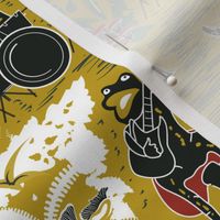 Croak Band 2.0- Frogs Jamming Session in the Amazon Forest- Block Print- Yellow Old Gold- Regular Scale 
