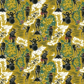 Croak Band 2.0- Frogs Jamming Session in the Amazon Forest- Block Print- Yellow Old Gold- Regular Scale 