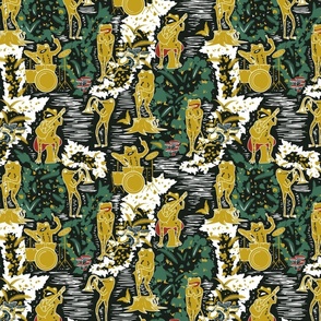 Croak Band 2.0- Frogs Jamming Session in the Amazon Forest- Block Print- Dark Jungle Green- Regular Scale 