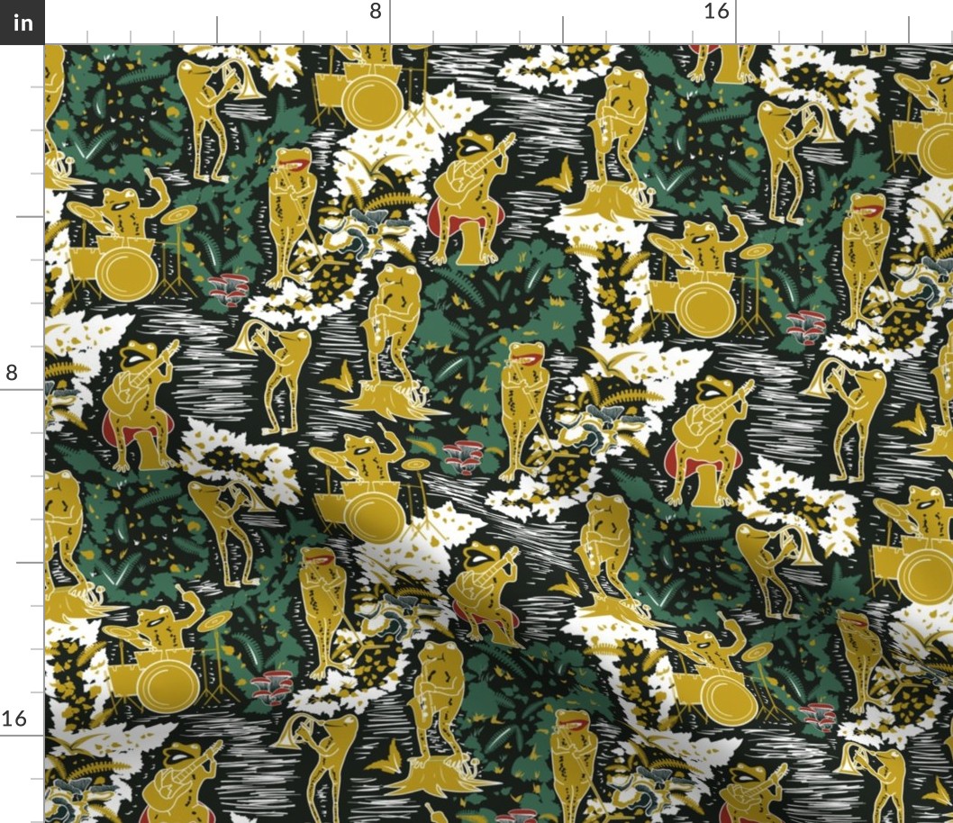 Croak Band 2.0- Frogs Jamming Session in the Amazon Forest- Block Print- Dark Jungle Green- Regular Scale 