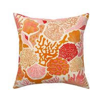 Shell Reef- Seashells on the ocean floor- Light Pink Red shells in Orange Pink Coral Reef on Sand White- Large Scale 