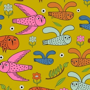 Colorful folk-inspired owls on a mustard-olive background