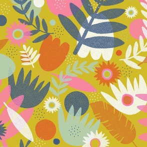Colourful and textured leaf and flower cut-out shapes on a yellow-green background