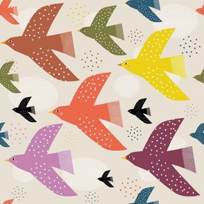 Bold birds in bright, retro colors on a beige background