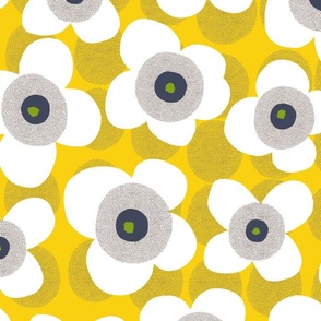 BIG BOLD RETRO white abstract flowers on yellow - LARGE