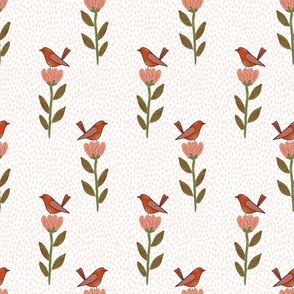 Cute hand drawn Oxpecker Birds on Flowers in Chestnut Red & Camo Green