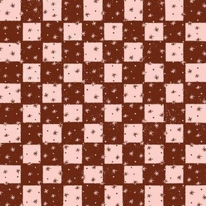 Hand Drawn espresso brown and light rose checkerboard with all over stars