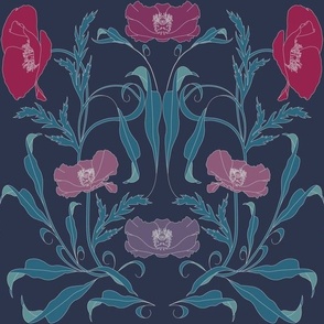 Poppies & Leaves Art Nouveau Dark Blue