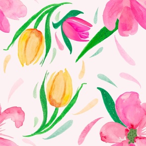 Spring Tulip Flowers Watercolor Pink and Yellow