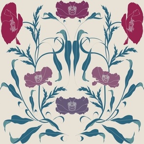 Poppies & Leaves Art Nouveau Style Fawn