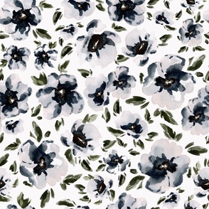 Jumbo - Loose Navy Indigo Florals - White